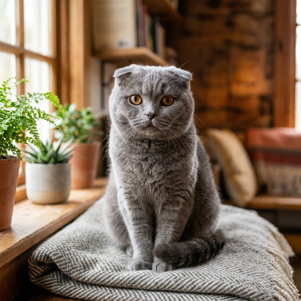 Gray Scottish Fold cat with amber eyes sitting on a blanket near potted plants